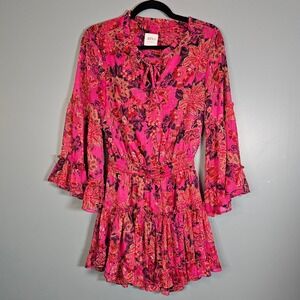 MISA Los Angeles Pink Floral Metallic Ruffle Mini Dress Small Smocked Waist